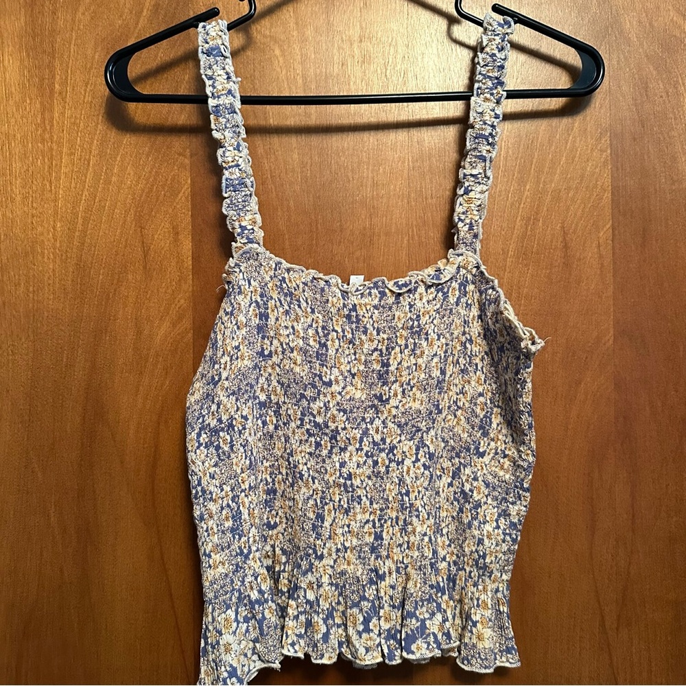 Patrons of Peace Tank Top Ribbed Crop Yellow Blue Floral